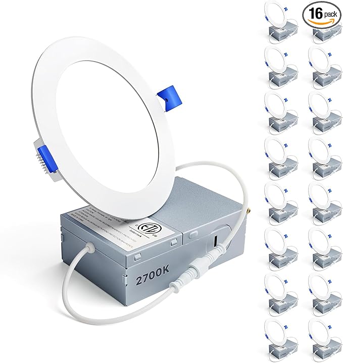 Ensenior 16 Pack 4 Inch LED Recessed Ceiling Light, 2700K Soft White, Dimmable, 750LM 9W 120V, High Brightness Canless Wafer Downlight - ETL&FCC&IC
