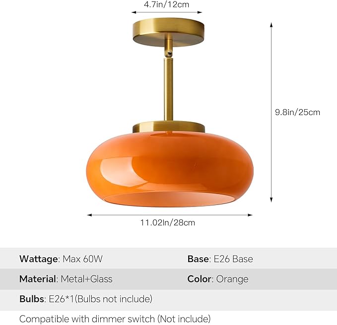 Glass Pendant Lights Kitchen Iisland，Gold Modern Ceiling Lamp with Orange Glass Shade Adjustable Mid Century Hanging Light Fixtures for Schoolhouse, Dining Room, Living Room,Sink