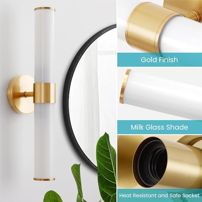 Gold Bathroom Light Fixtures, Vanity Lights for Mirror with Milk Glass Shade, 20 Inch Up and Down Wall Sconces for Bathroom Bedroom Living Room Hallway - Bulb Not Included