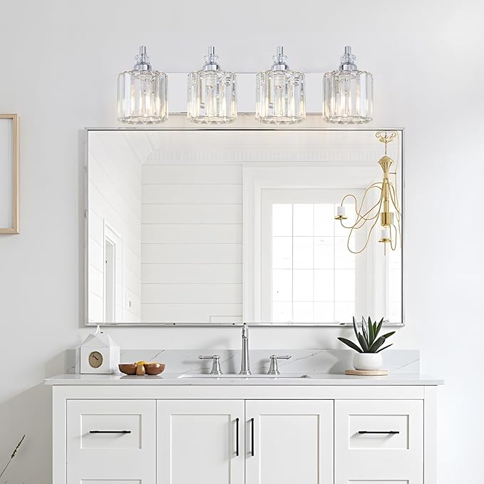 4-Light Modern Bathroom Light Fixture Chrome Bathroom Vanity Lights Over Mirror Wall Sconce Lighting with K9 Crystal Shades E26 Base for Bedroom, Living Room, Hallway, Cabinet Wall Lamp