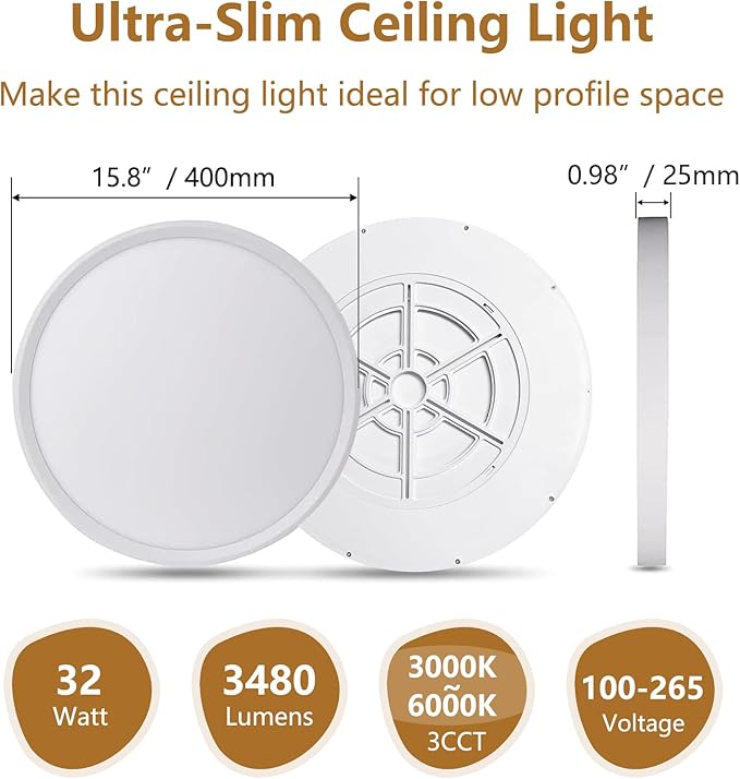 4PK 15.8 Inch LED Flush Mount Ceiling Light, 32W, 3480LM, 3000K/4000K/6000K CCT Selectable, White Ultra-Slim LED Ceiling Light Fixtures, Low Profile Round Flat Panel Light for Bedroom,Kitchen,Hallway