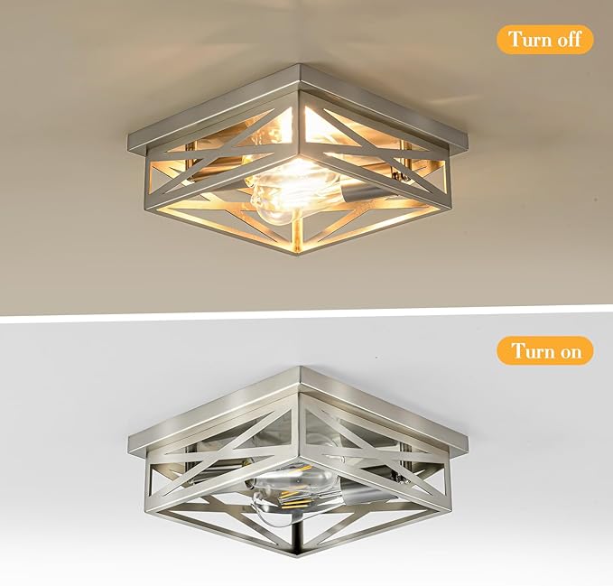 Brushed Nickel Industrial Square Cross Cage Close to Ceiling Light, 11 in Metal, 2-Pack, Silver, Dimmable, LED, 120W, Indoor, Kitchen, Bedroom, Hallway, Office