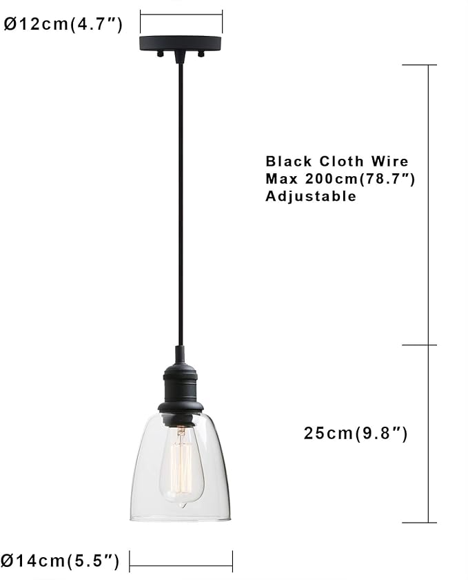 Yosoan 1-Light Vintage Edison Hanging Pendant Light, Indoor Modern Hardwired Mini Oval Cone Clear Glass Shade for Kitchen Bathroom Porch Living Room Dinning Room Office Restaurants Bar Island(Black)