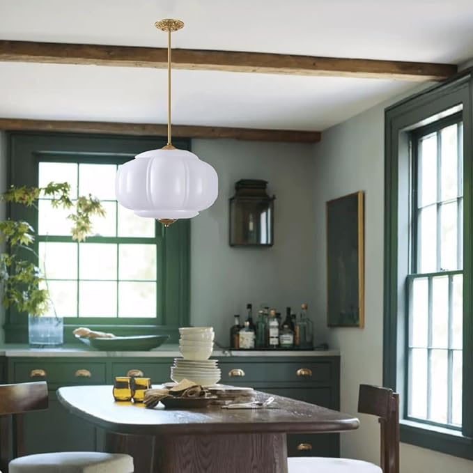 Opal Glass Pendant Light Vintage Schoolhouse Lighting Easy Change Bulb White Milk Glass Chandelier Traditional Gold Semi Flush Mount Ceiling Light for Bedroom Kitchen Dining Room