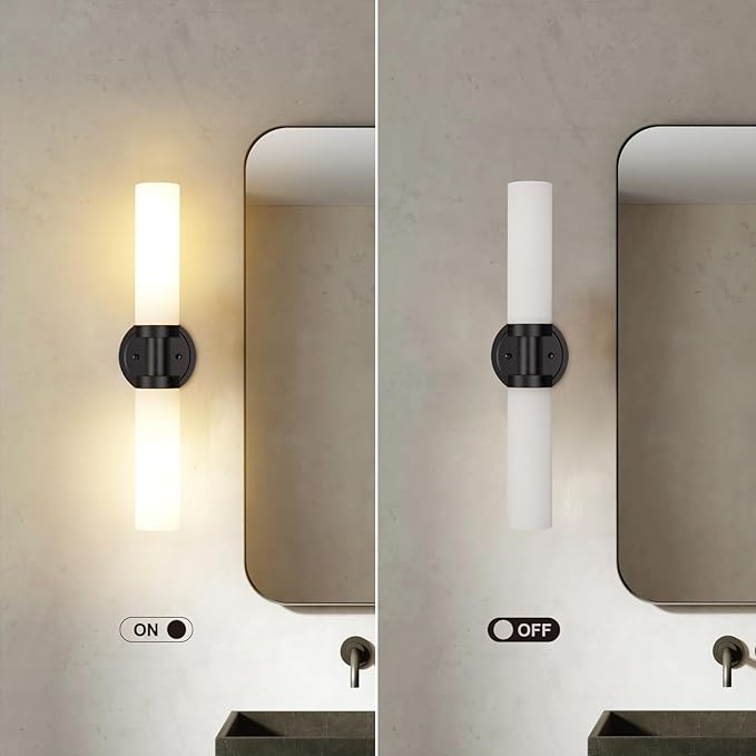 SANTOSTOCK Black Bathroom Light Fixtures, 2-Light Wall Sconces Lighting W/White Glass Shade, Modern Vanity Lights for Mirror, Wall Mounted Lamp, E26 T10 Bulbs(Excluded)
