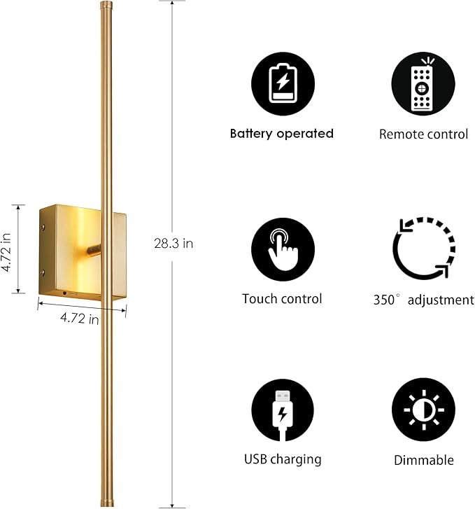 KARTOOSH Battery Operated Wall Sconces with Remote Control, Dimmable Wall Sconces Set of Two, 350°Rotate, 3000K LED Gold Wireless Wall Light for Living Room, Hallway, Bedroom, 28.3 Inch (2 Pack)