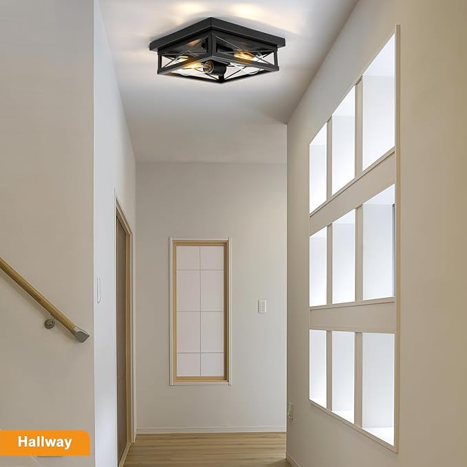 Black Flush Mount 2-Light Industrial Vintage Metal-Framed Ceiling Light for Hallway, Foyer, Kitchen, Bedroom, Living Room, Laundry (E26 Base)