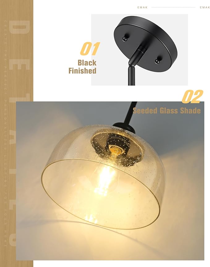 Emak 2 Pack Black Pendant Light Fixtures, 10 Inch Seeded Glass Pendant Lights Kitchen Island, Modern Farmhouse Island Lights for Kitchen, Dining Room, Bathroom, Bar, PL131-BK-SG-2PK