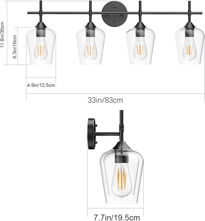 Ralbay Vintage Bathroom Vanity Lighting Fixtures 4-Lights Industrial Matte Black Finish with Clear Glass Vanity Lights Farmhouse Bathroom Vanity Lights Wall Sconce