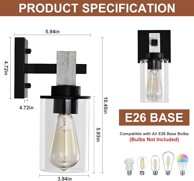 Rustic Wall Sconces Set of 2,Hardwired 1-Light White Wood Farmhouse Sconce with Clear Glass Cylinder Shade,Matte Black Metal Wall Light,E26 Indoor Bathroom Vanity Fixture for Mirror,Bedroom,Hallway