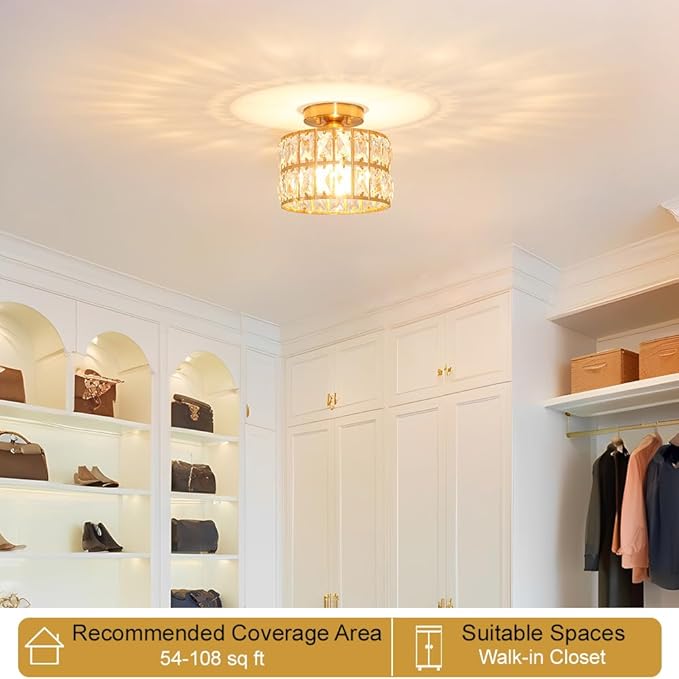 Crystal Ceiling Light Fixture, Modern Brushed Gold Semi Flush Mount Ceiling Chandelier Light for Hallway Entryway Kitchen Bathroom, Small Chandelier Light for Bedroom Closet, 1-Light, 9 Inch