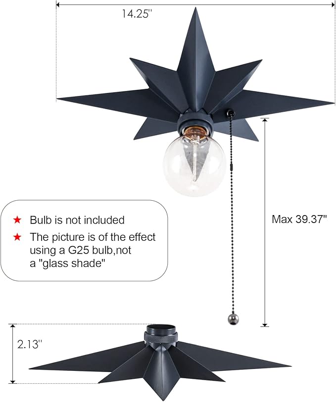 VILUXY Flush Mount Ceiling Light, Black Star Light Fixtures Ceiling with Pull Chain On/Off Switch for Hallway, Entryway, Study Room, Bedroom