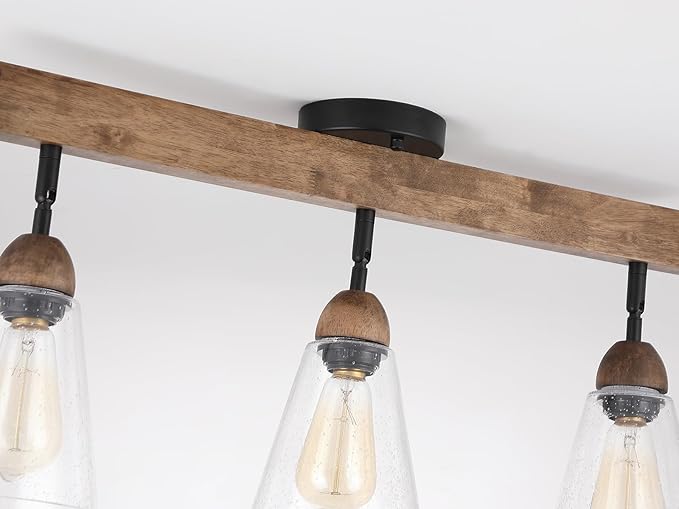 3-Light Large Rustic Farmhouse Wood Flush Mount Ceiling Light Fixture Clear Seeded Glass Shade and Oak Wood Track Semi Flush Mount Ceiling Light for Kitchen Living Room Bedroom Indoor, Black