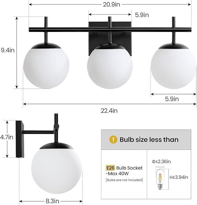 AIJIASI Black Bathroom Vanity Light, 3-Light Bathroom Lighting Fixtures Over Mirror with Milky White Globe Glass Shade, Mid Century Modern Vanity Lights Fixture Over Mirror 22.4 Inch