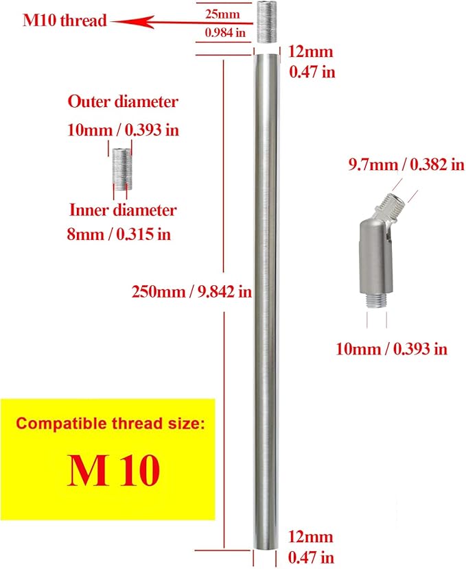 M10 Threaded Extension Rod with Sloped Ceiling Adapter Kits for Pendant Light, Island Lighting, Brushed Nickel