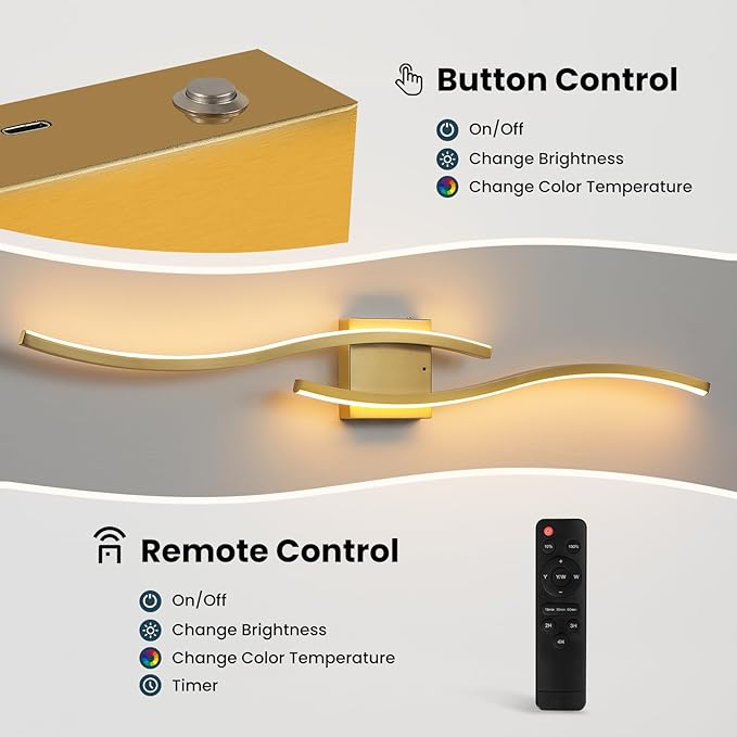 WOSHITU Gold Battery Operated Wall Sconces: 39 Inch Rechargeable Wall Sconce Set of 2 with Remote Control 3CCT Dimmable Wall Light Modern Cordless Wall Lamp for Bedroom Living Room Hallway Bathroom