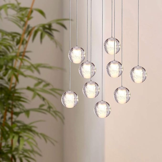 Venus 9 Mini Pendant Glass Ball Lighting Nickel - LED Hanging Light Fixture for Kitchen Island, Bar, Foyer - Cluster Pendants - Dimmable, Adjustable Wire, Lamp Bulb Included