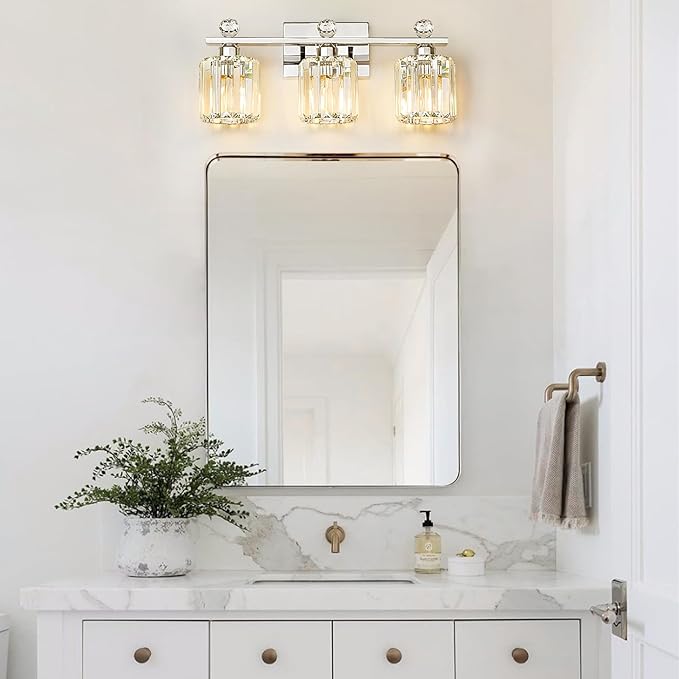 Crystal Bathroom Lighting Fixtures Over Mirror, 3 Light Chrome Brushed Nickel Vanity Light, Modern Bath Wall Sconce Lighting for Bedroom Living Room