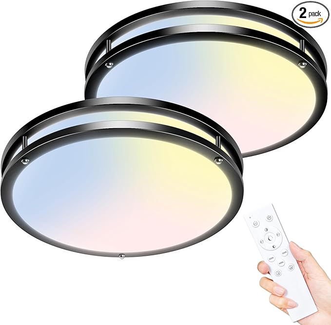 libtit 2Pack 13 Inch LED Ceiling Lights with Remote for Bedroom Kitchen, 24W 2400lm Super Bright & Dimmable Flush Mount Light Fixtures, 2700K-6500K Adjustable Modern Lamps with Timer, Black