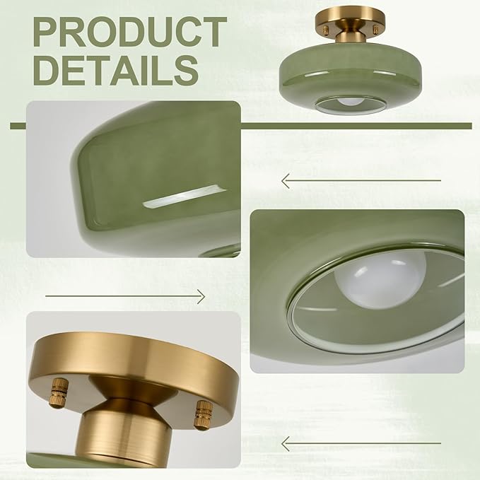 Modern Ceiling Light,10.24 inch,Olive Green Milk Glass Shade, Semi Flush Mount Light Fixture for Hallway, Entryway, Laundry Room