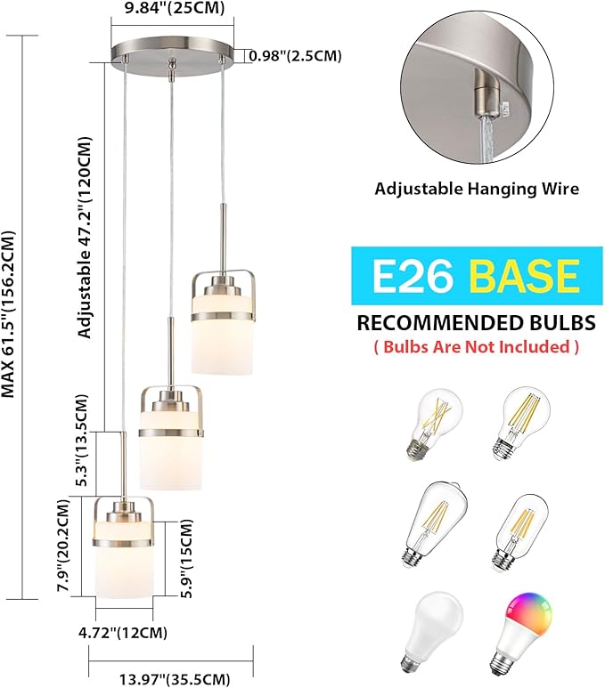 Nickel 3-Light Pendant Lighting, Adjustable Cluster Hanging Light Fixture with Milk Glass Shade, Modern Pendant Light for Kitchen Island Dining Room Bar