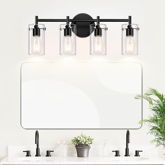 Indoi 4-Light Matte Black Bathroom Vanity Light Fixtures, Clear Glass Shade Wall Sconces for Mirror, Bedroom, Living Room, Hallway