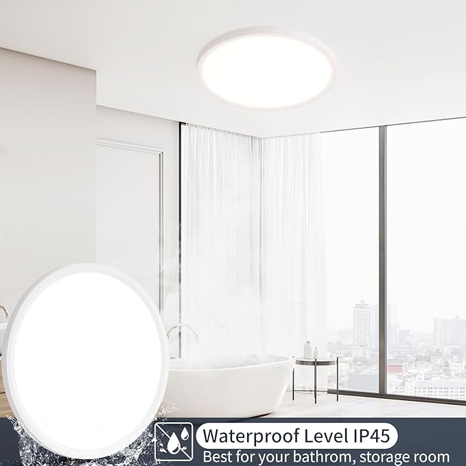 16 Inch Flush Mount Ceiling Light, 32W Dimmable LED Fixture 3200LM, 3000K/4500K/6000K Adjustable, Round Ceiling Lamp for Bedroom, Kitchen, Living Room, Dining Room, Bathroom, White