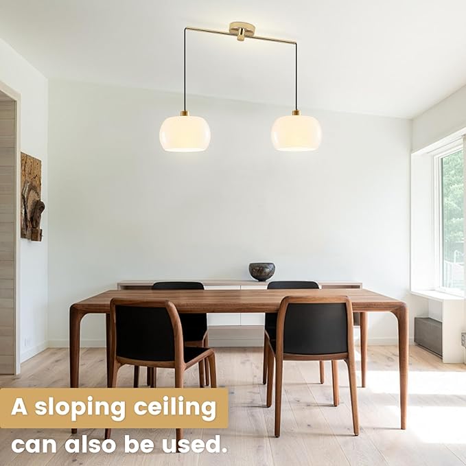 Modern Living Room Pendant Light 2-Light White Glass Pendant Light with Golden Brass Finished, Modern Adjustable Kitchen Island Light Fixture Gold Hanging Light for Dining Room Farmhouse