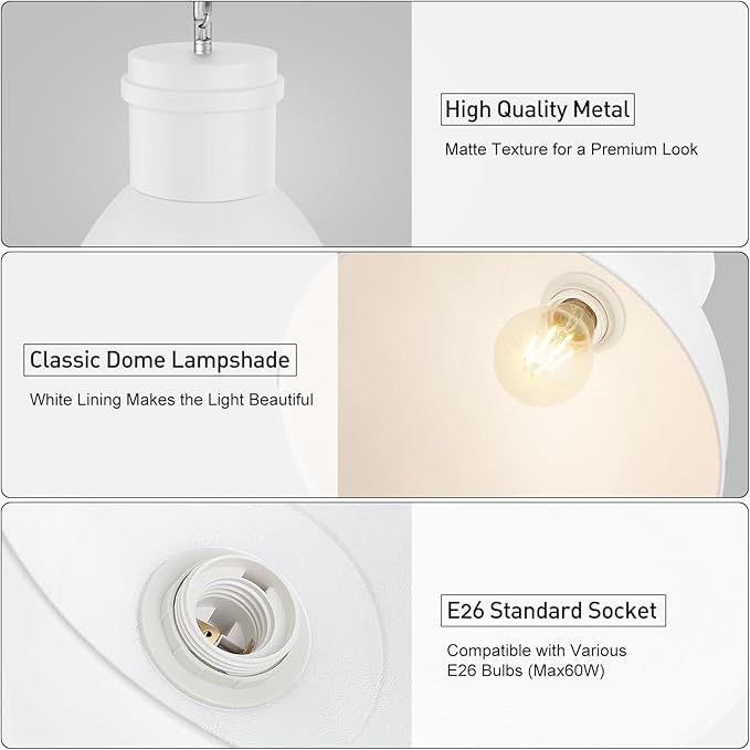BoostArea White Pendant Lights Kitchen Island, 10.6" Large Metal Shade and 70.9'' Adjustable Height, Modern Pendant Lighting Fixtures,Farmhouse Hanging Pendant Light for Kitchen Island/Bar,No E26 Bulb