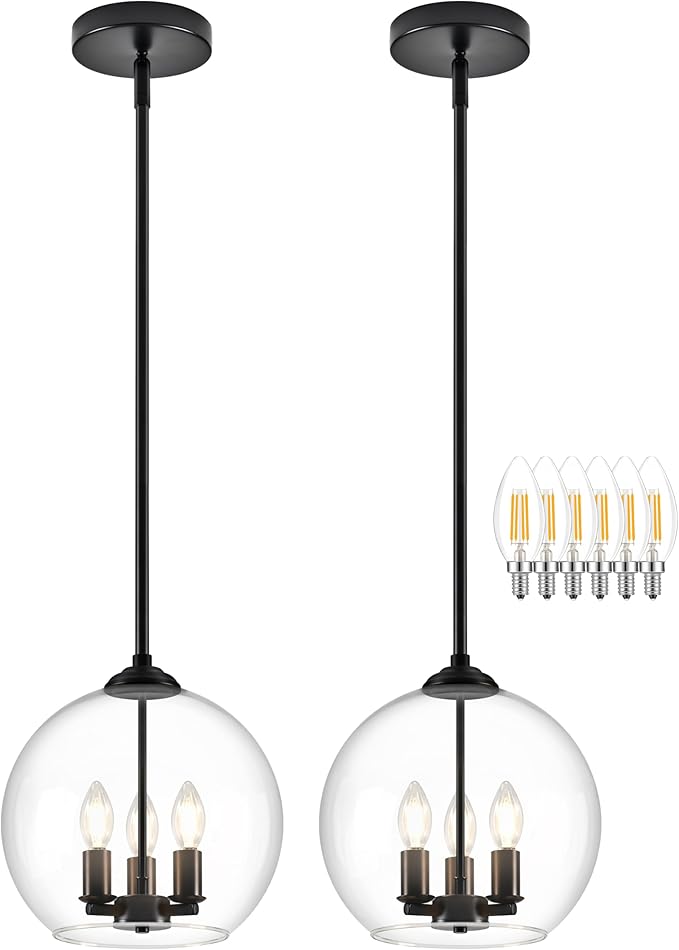 12" Globe Pendant Lights Kitchen Island 2 Pack Glass Globe Pendant Light Fixture Bedroom Mid Century Modern Pendant Lighting Black Pendant Light for Kitchen Island (Bulb Incl.)