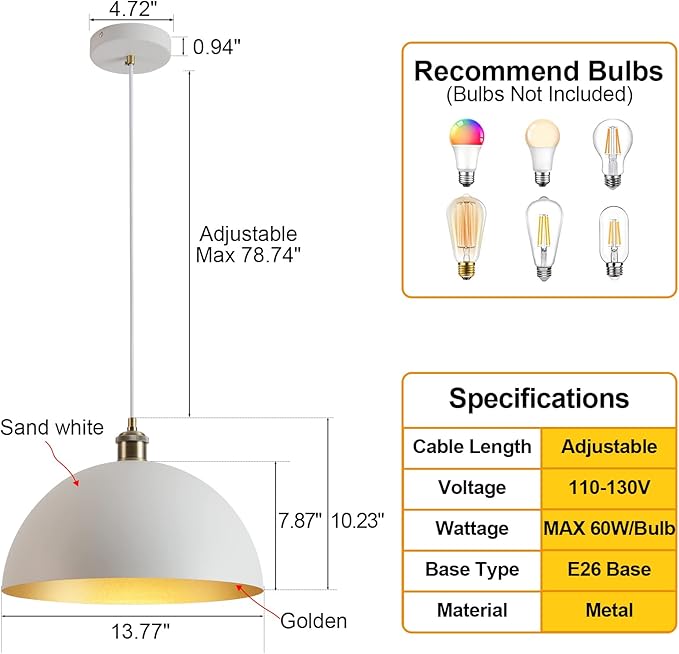White and Gold Chandelier: 13.7 Inch Retro Farmhouse Style Dome Pendant Light for Kitchen Island, Bedroom, Dining Room, Living Room, and Corridor