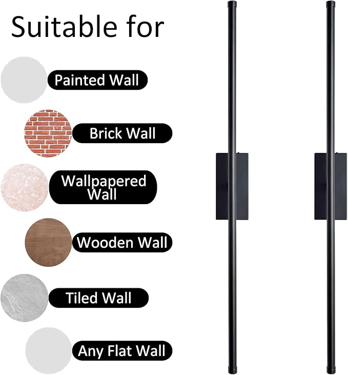 Easy Install Peel and Stick on Battery Operated Wall Sconces Set of 2 Rechargeable, Magnetic Linear Wall Sconce Wireless Long Picture Vanity Wall Light for Living Room Bedroom (2 Pack, 28.3'', Black)
