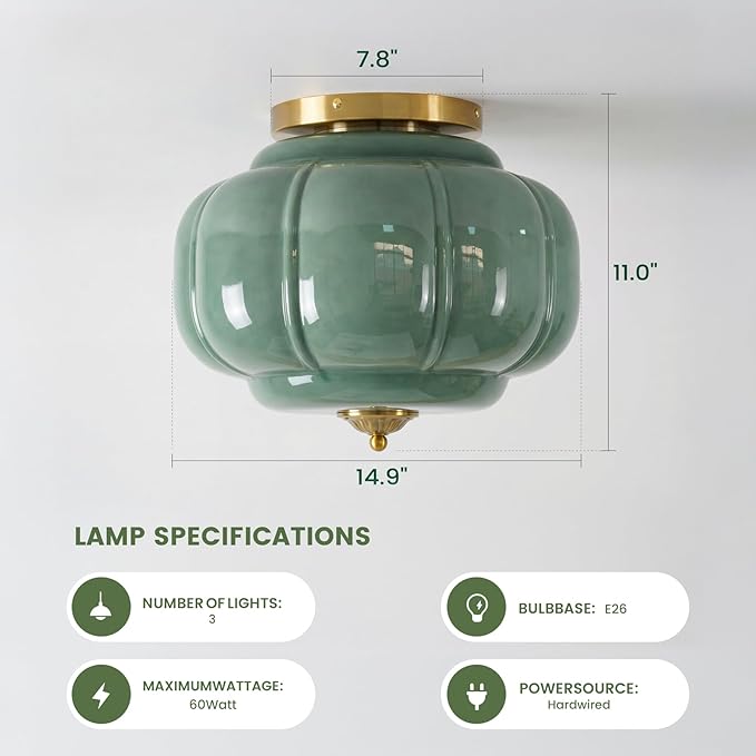 Milk Glass Ceiling Light Fixture - Farmhouse Antique Brass Semi Flush Mount Ceiling Light for Kitchen, Hallway, and Bedroom (Green 15 inch)