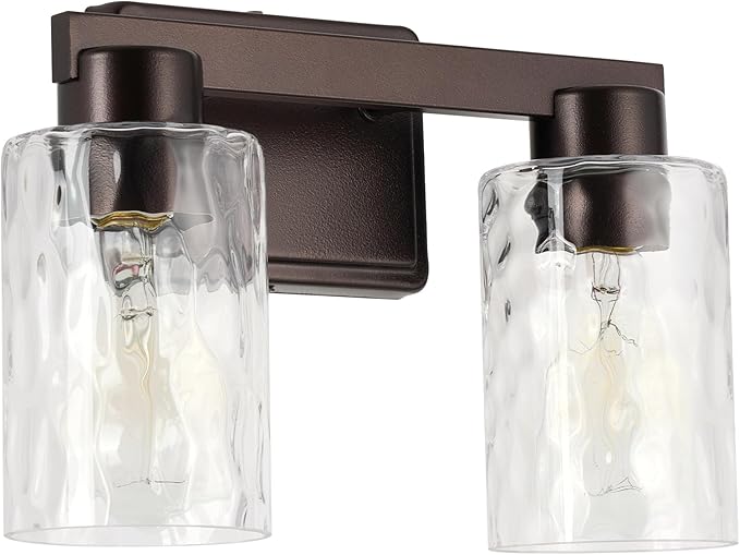 2-Light Bathroom Light Fixtures Modern Oil Rubbed Bronze Vanity Lights with Water Ripple Glass Wall Sconces Over Mirror for Bathroom, Powder Room, Living Room