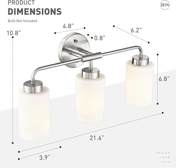 zeyu 21.6 Inch Bathroom Lights Fixtures Over Mirror, Modern Bathroom Wall Light with Milky White Glass Shade, Brushed Nickel Finish, ZS62B-3W BN