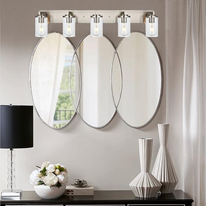 BONLICHT Brushed Nickel Bathroom Light Fixtures 5 Light Modern Vanity Lights Industrial Glass Wall Sconce Farmhouse Bath Lighting Over Mirror Wall Mount for Kitchen Living Room Hallway Workshop