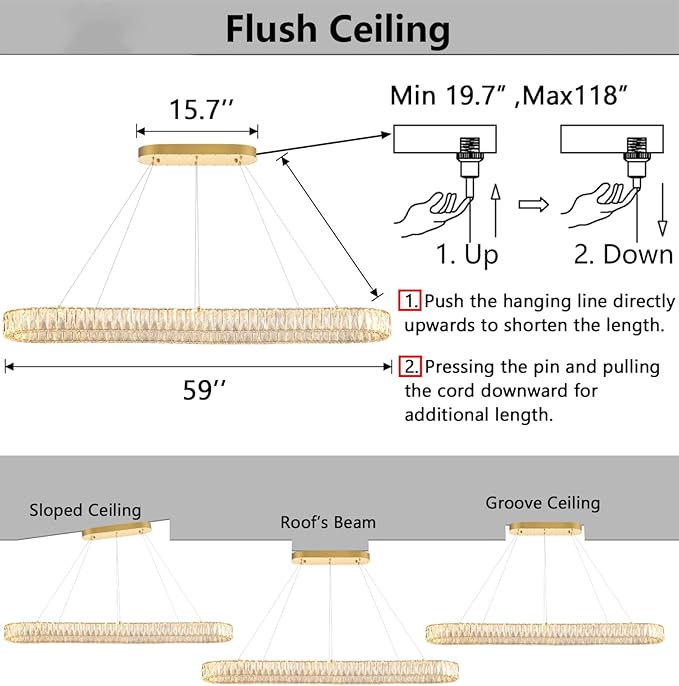HAIXIANG Crystal 59 Inch Long Chandelier Modern Dimmable LED Chandeliers for Dining Table Pendant Lights Rectangular Glam Lighting Fixtures for Dining Room Kitchen Island Gold