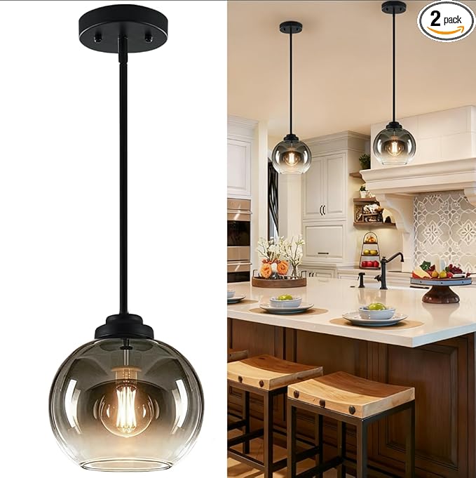 2 Pack 7.2-Inch Globe Pendant Lights, Mid Century Pendant Light Fixtures, Globe Pendant Lights Kitchen Island with Gray Glass Shade Adjustable Hanging Fixture for Dining Room (Bulbs not Included)