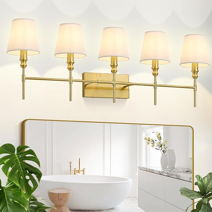5-light Bathroom Vanity Light,41 IN Vintage Brass Bathroom Light Fixtures Over Mirror,Wall Lamps For Bedroom With Flared White Fabric Lampshade For Living Room,Foyer,Hallway,Hardwired,E12 Base