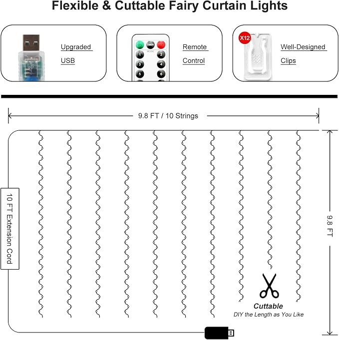 2 Pack 300 LED Fairy Curtain Lights, 9.8 x 9.8FT White USB Plug in 8 Modes String Hanging Lights with Remote for Christmas, Bedroom, Indoor, Outdoor, Weddings, Party (Cold White)