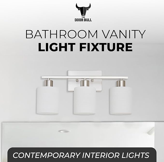 The Door Bull Modern Bathroom Vanity Light, Milky White Glass Shades, Wall Sconce for Bedroom & Living Room, E26 Socket, Over Mirror Lighting Fixture (Brushed Nickel, 3 Lights)