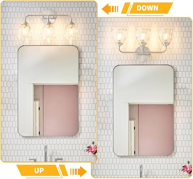 Vintage Batheoom Vanity Light, Brushed Nickel Vanity Lighting, Elegant 3-Light Bathroom Light with Flower Glass Shade, Lighting Fixture over Mirror, Wall Sconce Lighting for Bedroom Living Room