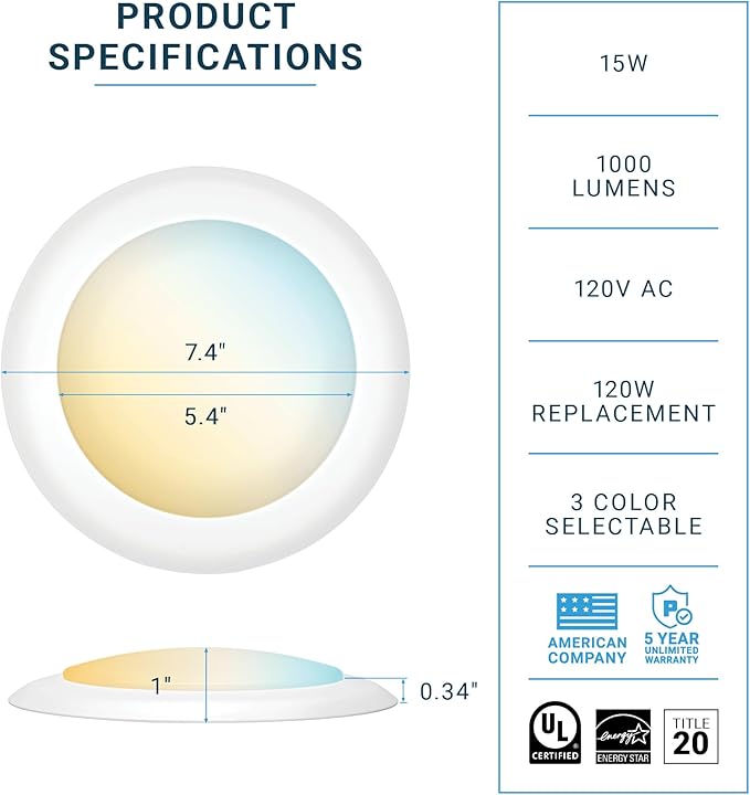 PARMIDA (24 Pack) 5/6 Inch Dimmable 3CCT LED Disk Lights, 15W Surface Mount Recessed Ceiling Disc Lighting, 3 Color Selectable 3000K/4000K/5000K, 1050lm, J-Box Or Recessed Can Installation, UL-Listed