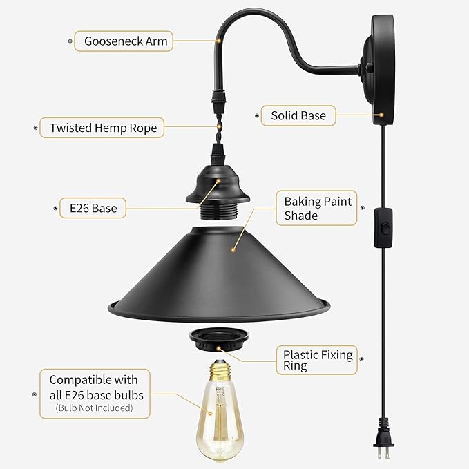 Plug in Wall Sconces, Vintage Plug in Wall Lamp Set of 2 with On/Off Switch, Metal Black Industrial Wall Mounted Light Fixture for Bedside Bedroom Indoor Doorway (Gooseneck Wall Lamp)