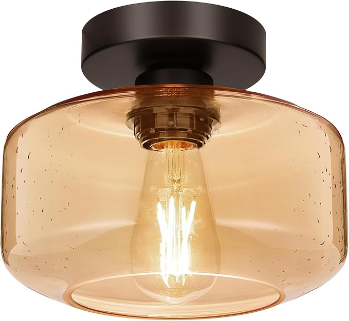 Lynnoland Industrial Semi Flush Mount Ceiling Light, Amber Seeded Glass Shade Ceiling Light Fixture, Light Fixture for Hallway Bathroom Bedroom, Vintage Hanging Light Fixtures