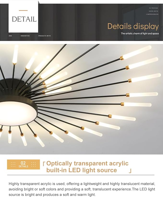18+1 Lights LED Ceiling Light Fixture Modern Flower Ceiling Lights Flush Mount Firework Chandeliers Black Indoor Lighting for Living Room Bedroom 4000K 30W Deco Close to Ceiling Light