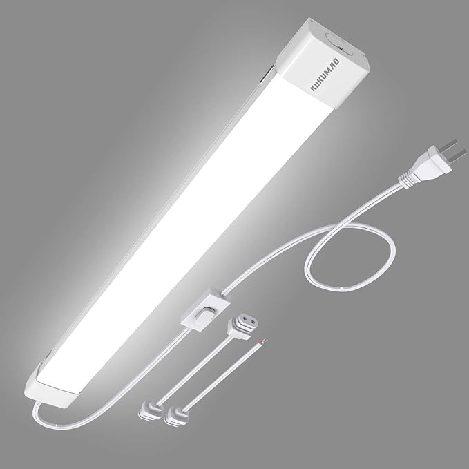 KUKUMAO 5000K Plug in LED Tube Light Fixture, 18W Linkable Cabinet Light for Garage, Kitchen, Bathroom, Closet, Office - 2Ft, Triproof, White