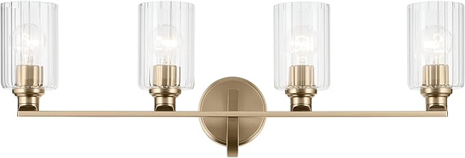 Kichler Gioe 32.25 in 4-Light Bathroom Vanity Light Fixture with Clear Fluted Glass in Champagne Bronze, Damp Rated for Mirror, Powder Room (32.25 in W x 10.5 in H), 55227CPZFLU