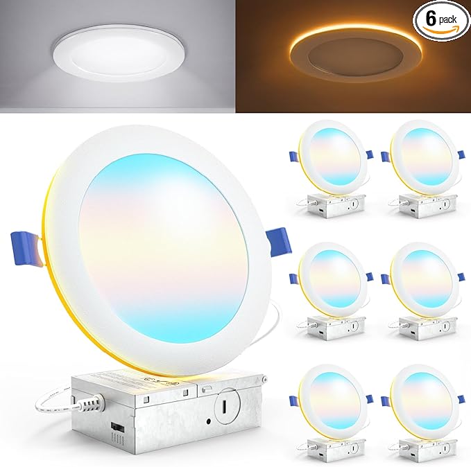 Sunco 6 Pack 6 Inch LED Recessed Light with Night Light, Slim Ceiling Lighting, 1500 Lumens, 15W (110W Equivalent), Selectable CCT 2700K/3000K/4000K/5000K/6000K, Dimmable, Canless with Junction Box.