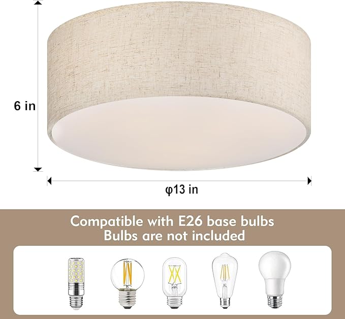 3-Light Ceiling Light Fixture, 13" Drum Flush Mount Ceiling Light, Modern Close to Ceiling Lights with Fabric Linen Shade for Hallway Bedroom Kitchen Dining Living Room